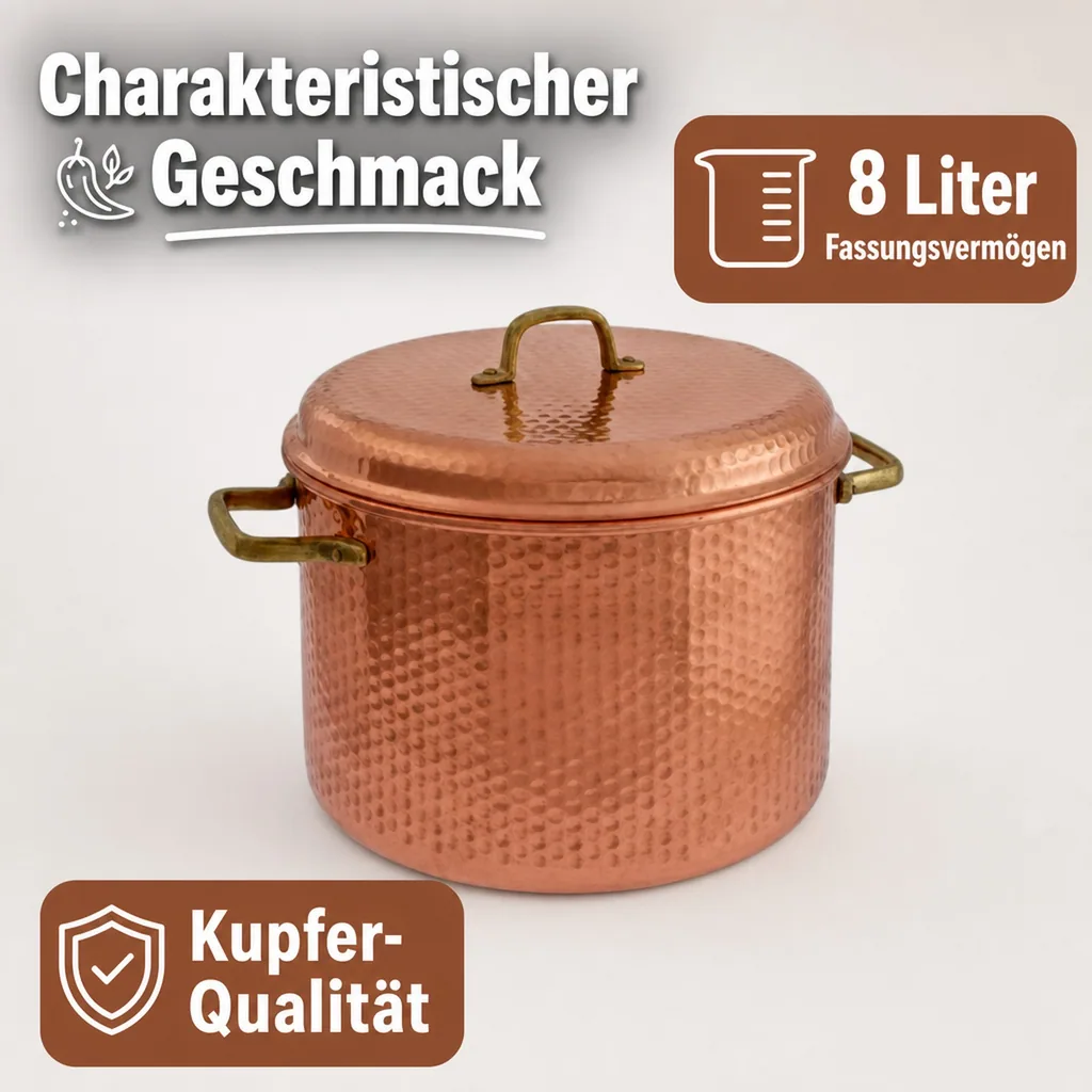 Kupfertopf Gehämmert Mit Griffen, 24 cm - Traditionelles Kochgeschirr für Tintenfisch, Marmelade & mehr