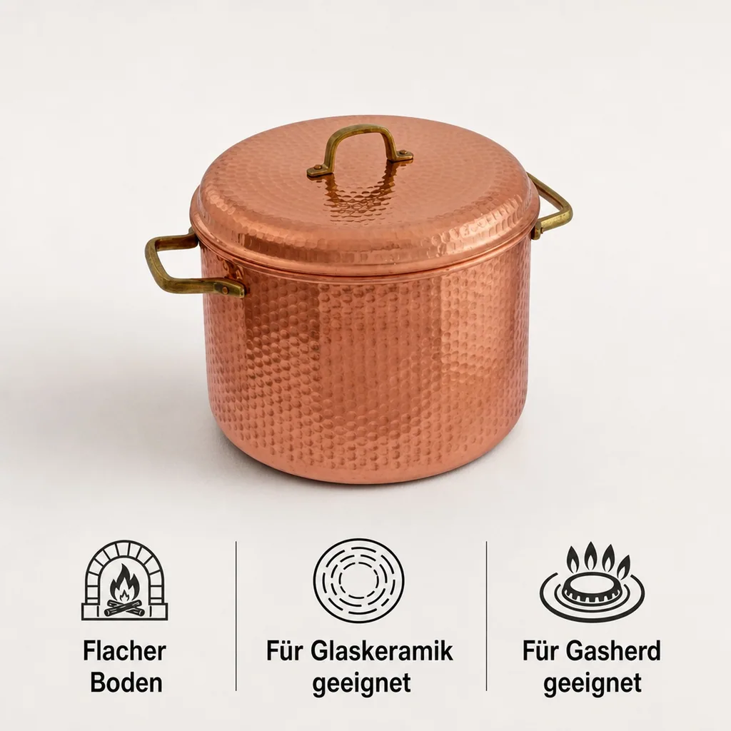 Kupfertopf Gehämmert Mit Griffen, 24 cm - Traditionelles Kochgeschirr für Tintenfisch, Marmelade & mehr