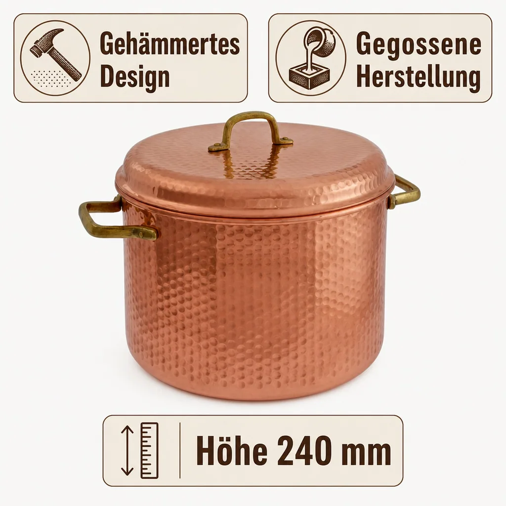 Kupfertopf Gehämmert Mit Griffen, 24 cm - Traditionelles Kochgeschirr für Tintenfisch, Marmelade & mehr