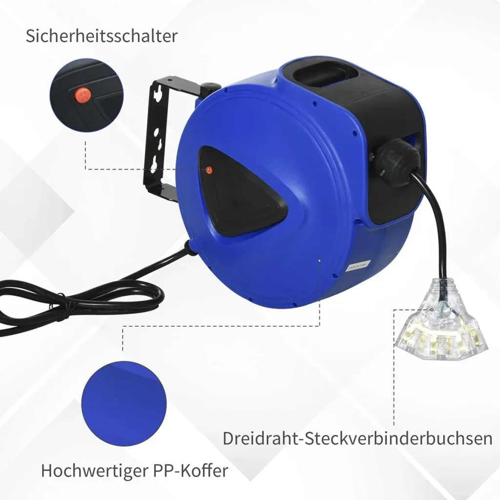 Kabeltrommel 20 m+1.3 m Leitung Automatik Kabelaufroller Outdoor Aufroll stromkabel drehbar Wandhalterung, PP, Gummi, Me