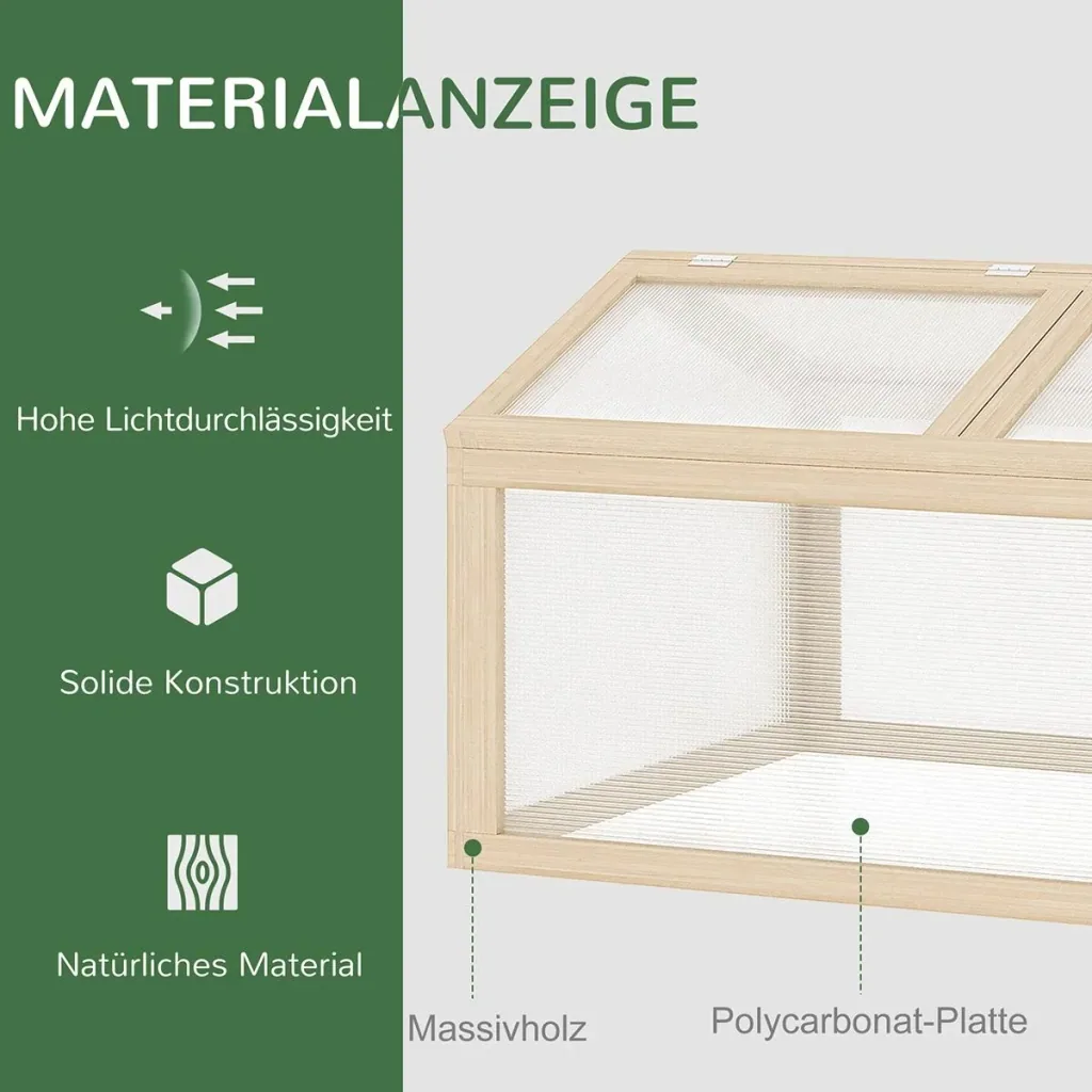Frühbeet Gewächshaus Treibhaus Frühbeetkasten Pflanzenbeet mit Abdeckung aus Holz und Polycarbonat wetterfest Natur 102