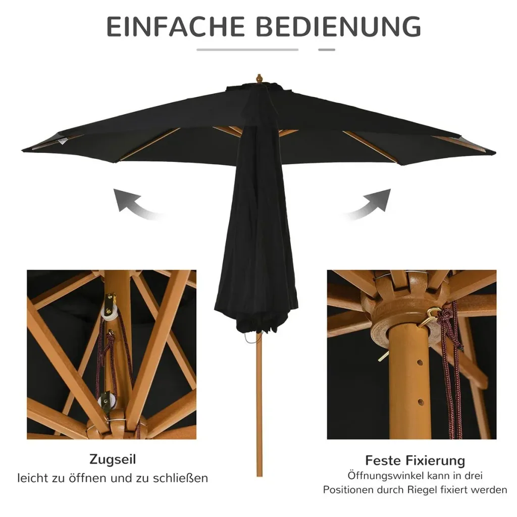 Sonnenschirm Holz 300 cm Holzschirm Gartenschirm Balkonschirm Bambus Schwarz