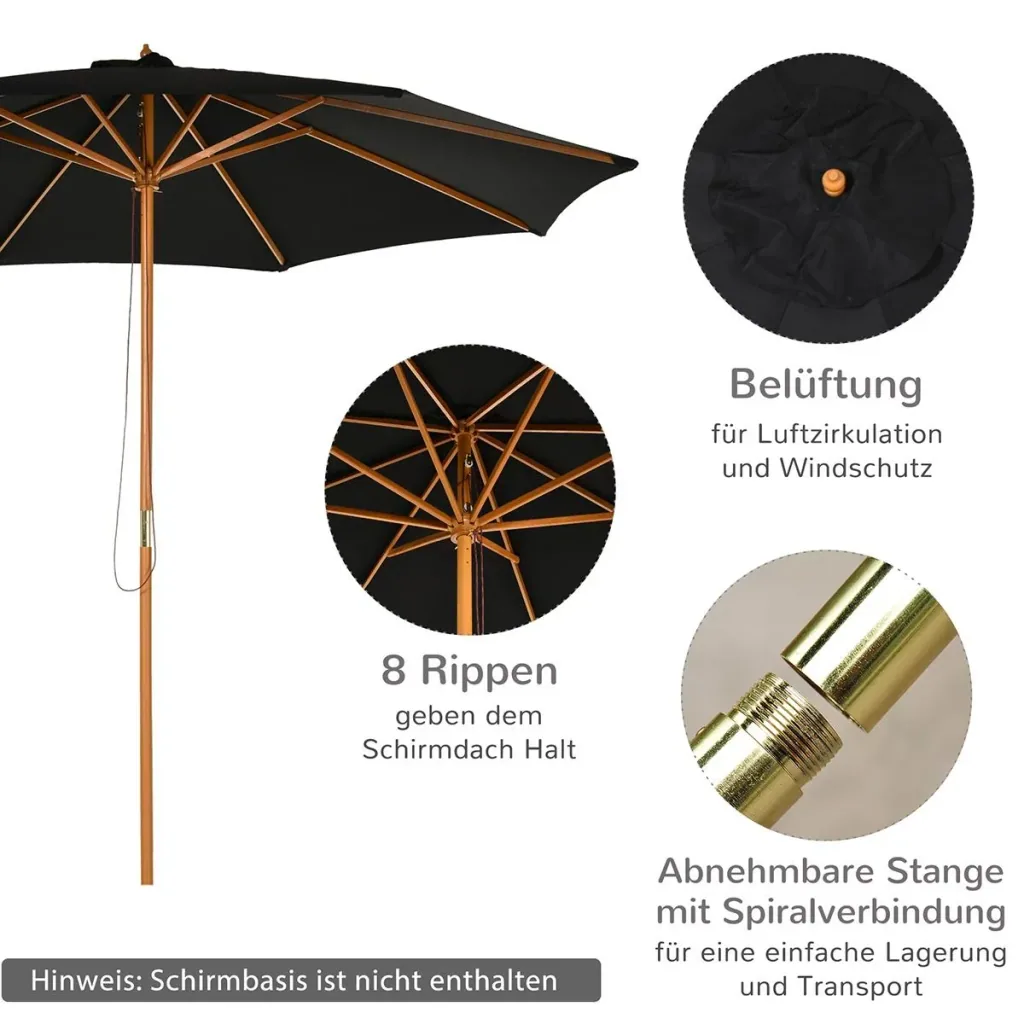 Sonnenschirm Holz 300 cm Holzschirm Gartenschirm Balkonschirm Bambus Schwarz