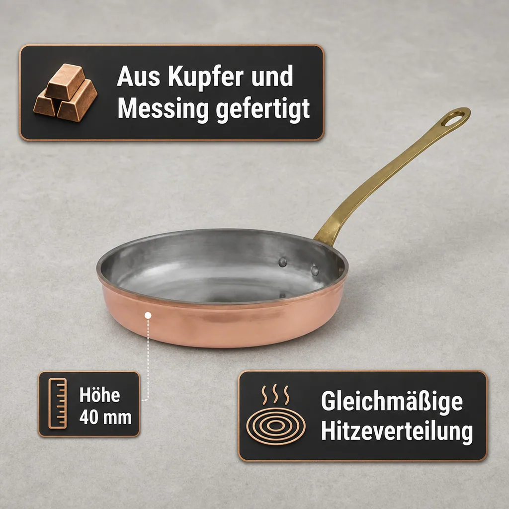 Bratpfanne, Kupferpfanne - aus Kupfer und Messing, 20cm