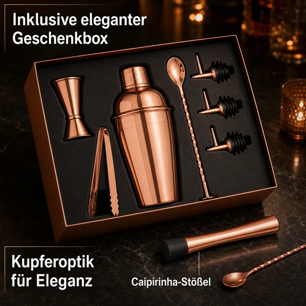 Cocktails set - 8-teiliges in einer Geschenkbox, Barkeeper Set, Kupfer Optik für professionelle Cocktails
