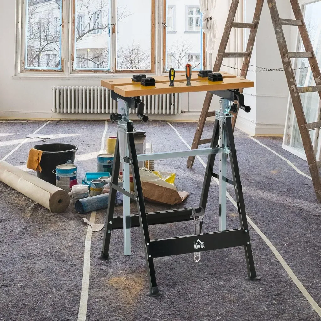 Werkbank mit Winkeleinstelltabelle Werktisch Arbeitstisch Arbeitsplatte höhenverstellbarer Tisch Eisen MDF Beige + Schwa