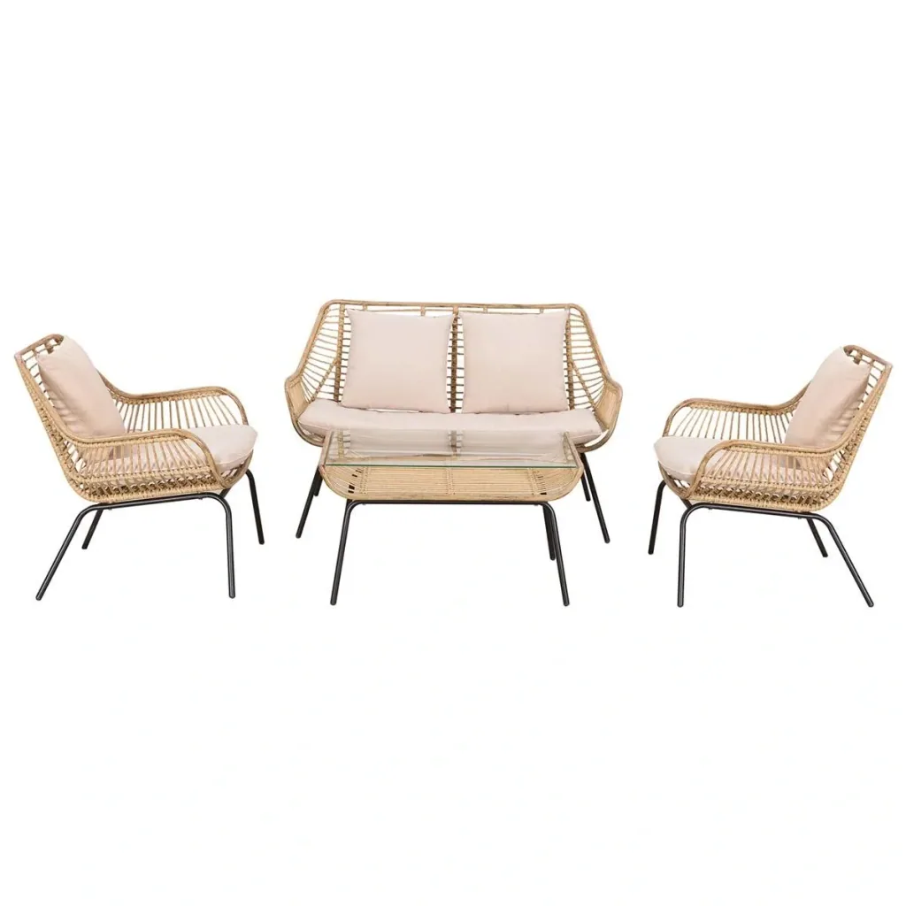 Sitzgruppe, Outdoor Sitzgarnitur, Gartenmöbel Set mit Beistelltisch, Metall, Rattan, Beige, 118 x 69 x 73 cm