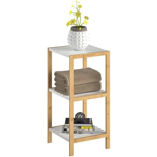 Badezimmerschrank - Bambus - 3 Einlegeböden - 80 x 34 x 33cm - Weiß