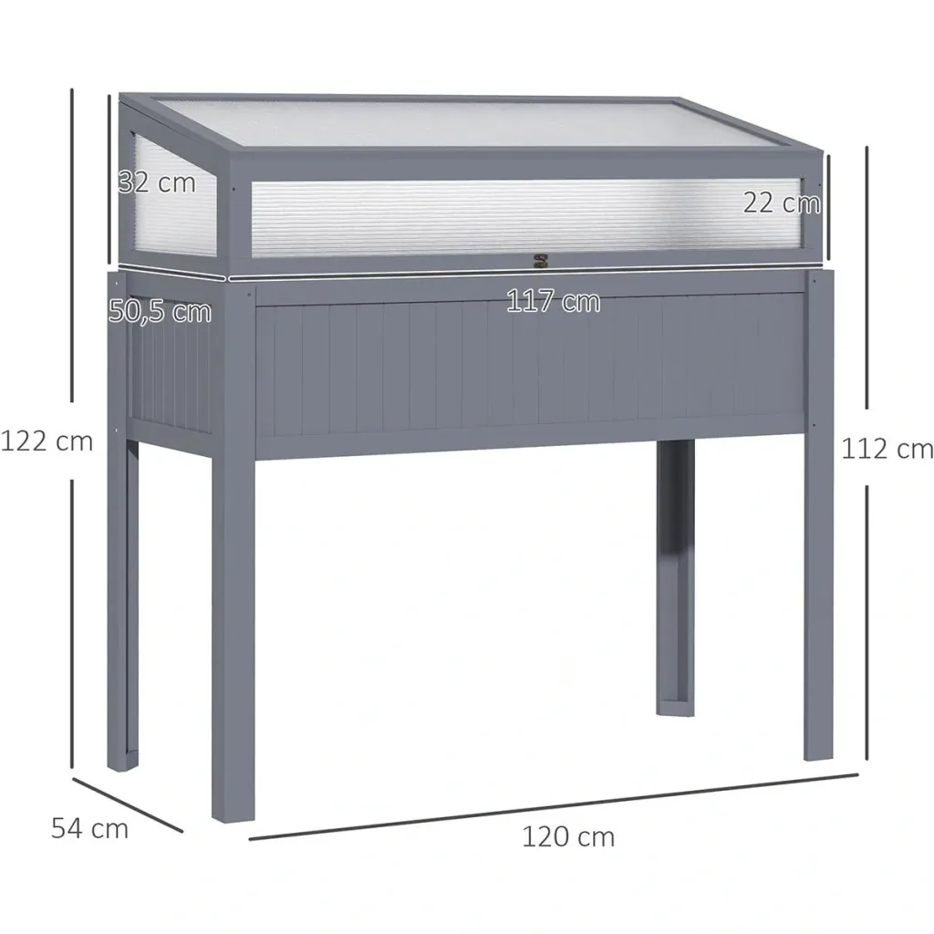 2-in-1-Gewächshaus und Hochbeet - Gehäuse aus Polycarbonat - Grau - 120 x 54 x 112/122 cm