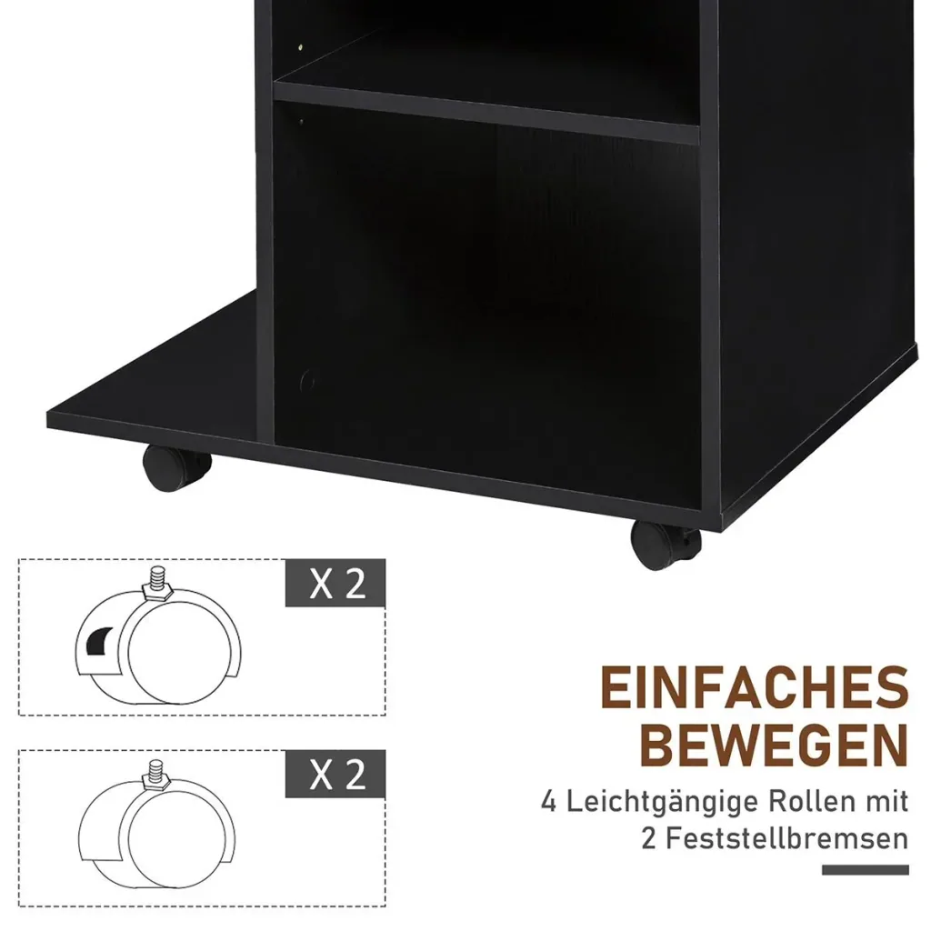 Druckertisch, Druckerständer, Bürowagen, Rollwagen mit Schublade+2 Ablagen+CPU-Ständer, Spanlatte, Schwarz, 60 x 40 x 68