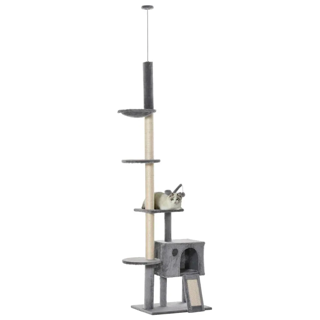 Kratzbaum Katzenbaum Deckenhoch Kletterbaum mit Spielbaum Katze Sisal Plüsch Hellgrau höhenverstellbar 60 x 40 x 238-270