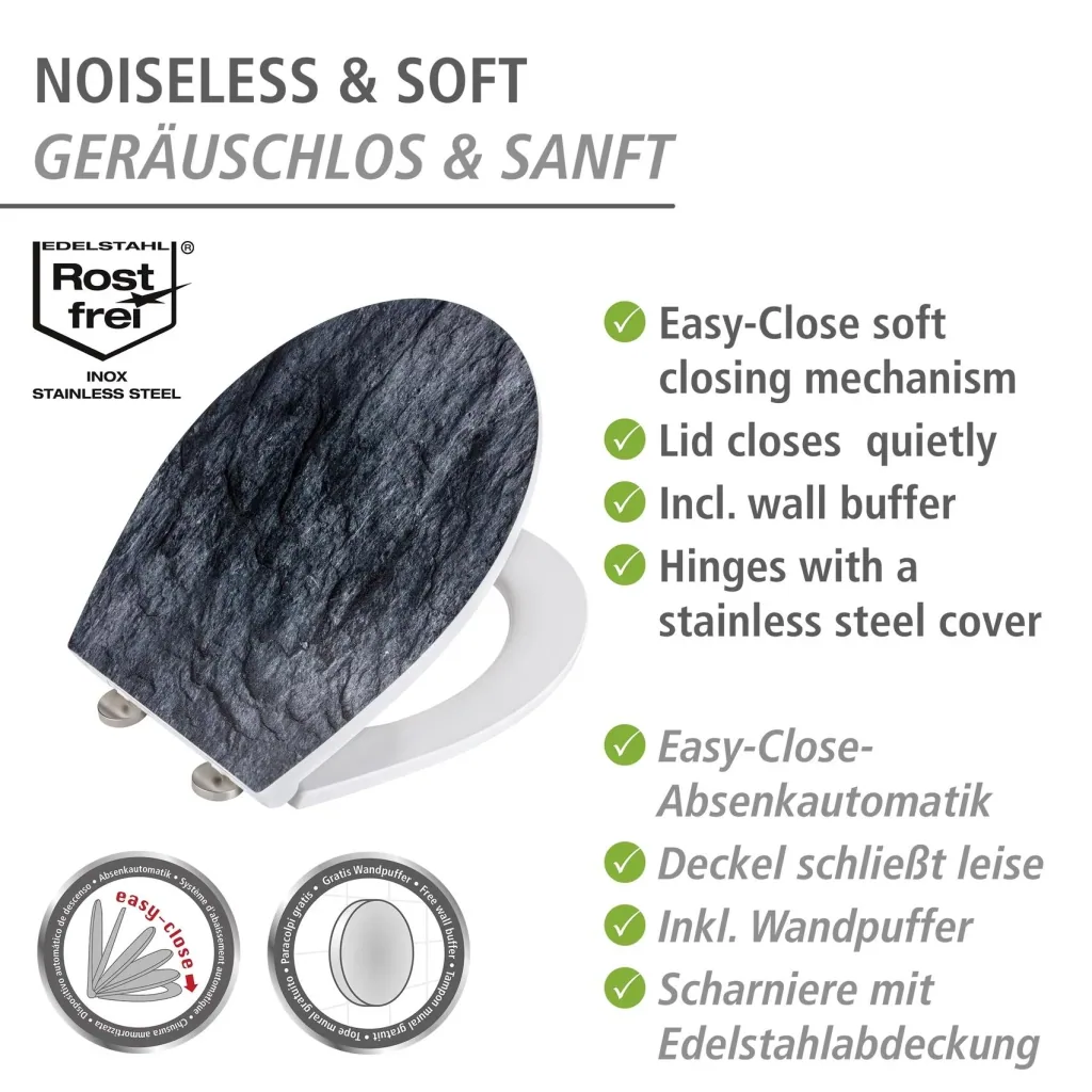 Premium WC-Sitz Slate Rock mit Relief, aus antibakteriellem Duroplast, mit Absenkautomatik