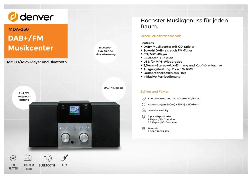 DAB+ und UKW Micro-Stereoanlage mit Bluetooth, USB Ladebüchse und USB MP3 Wiedergabe