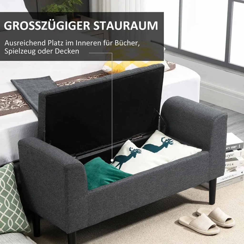 Sitzbank mit Stauraum Polsterbank belastbar bis 130 kg Leinen-Touch Gummiholz Dunkelgrau 116 x 44 x 58 cm