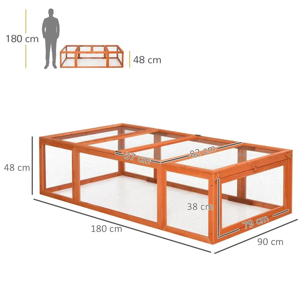 Zwergkaninchenstall mit Freilaufgehege, Kleintierstall, Massivholz, Multifunktional, Orange, 180 x 90 x 48 cm