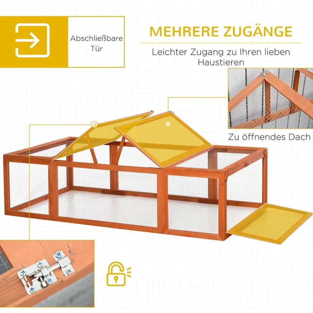 Zwergkaninchenstall mit Freilaufgehege, Kleintierstall, Massivholz, Multifunktional, Orange, 180 x 90 x 48 cm
