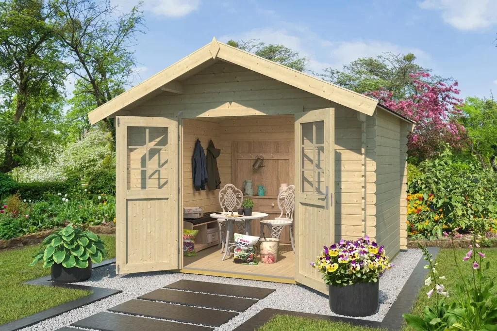 Gartenhaus 209 Gr.2,5, 333 x 310 x 261 cm Wandstärke 28 mm, mit Doppeltür natur
