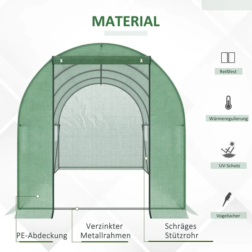 Foliengewächshaus begehbares Gewächshaus 4 x 2 m Polytunnel Folientunnel Treibhaus Frostschutz Stahlrohr Dunkelgrün