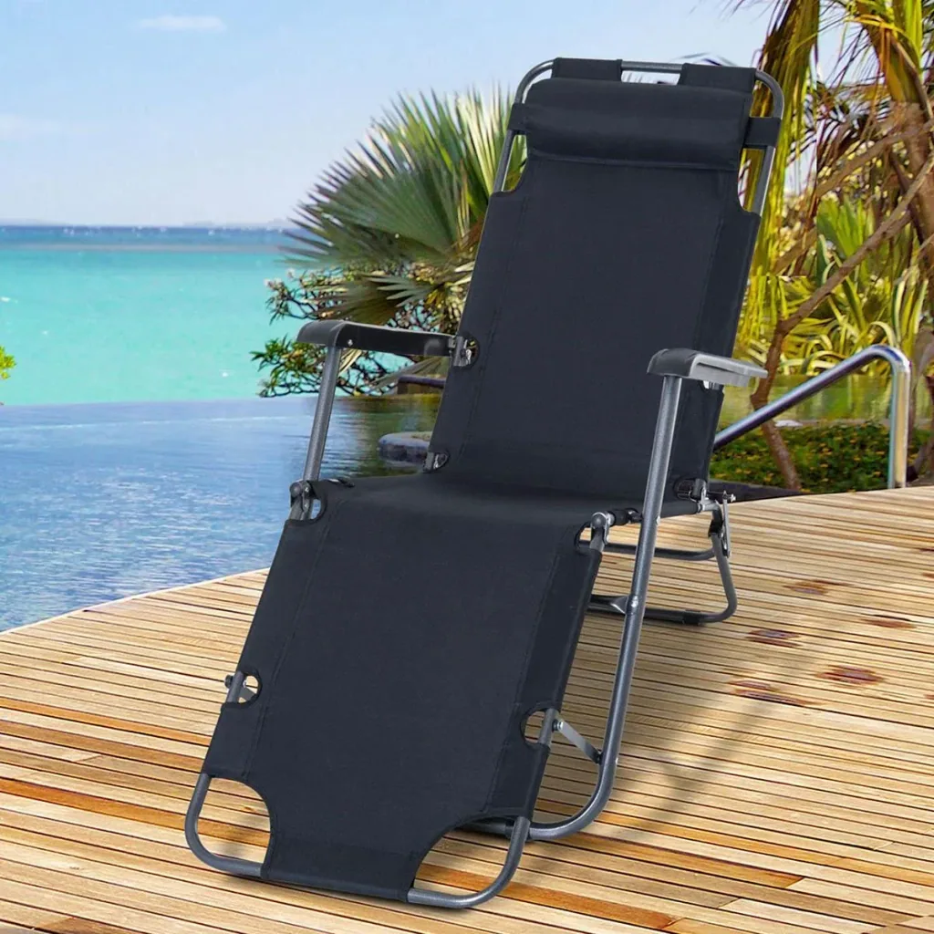 Sonnenliege mit Kissen, Klappbare Strandliege, 2-Stufige Gartenliege , 2-in-1 Relaxliege, Metall + Oxfordstoff, Schwarz