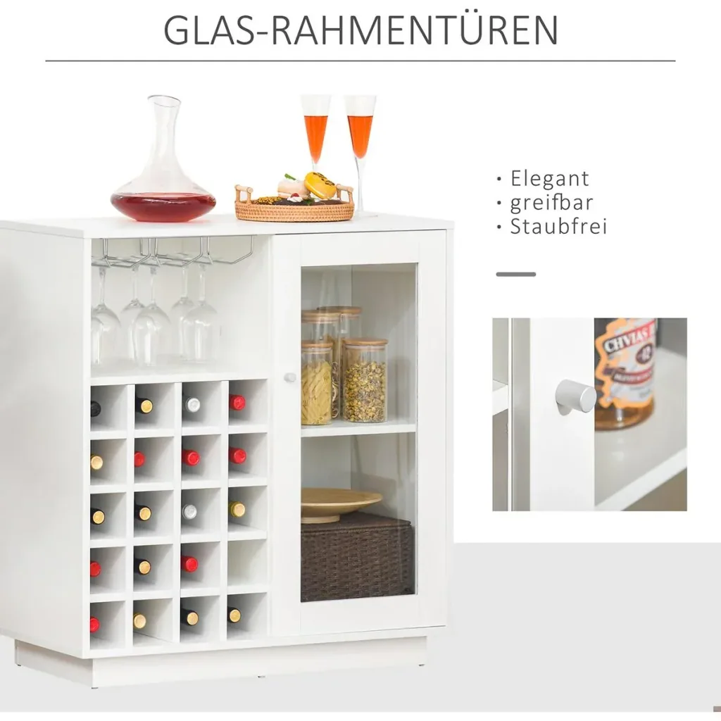 Weinschrank mit Glasvitrine und Weinglashalter Weiß