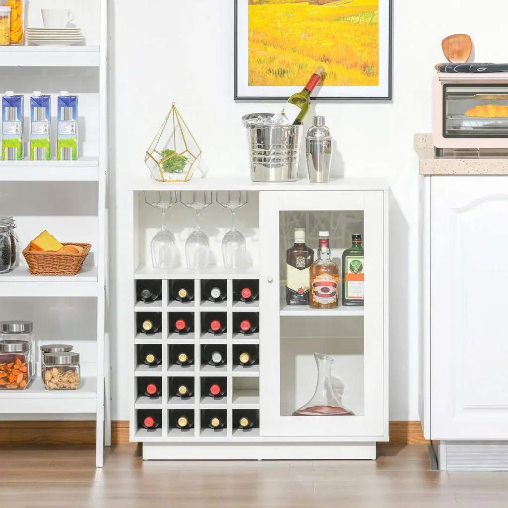 Weinschrank mit Glasvitrine und Weinglashalter Weiß