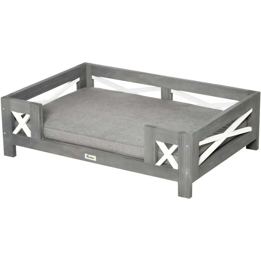 Hundebett mit Kissen für kleine Hunde weich gepolstert waschbarer Bezug Kiefernholz 80 x 55 x 23 cm