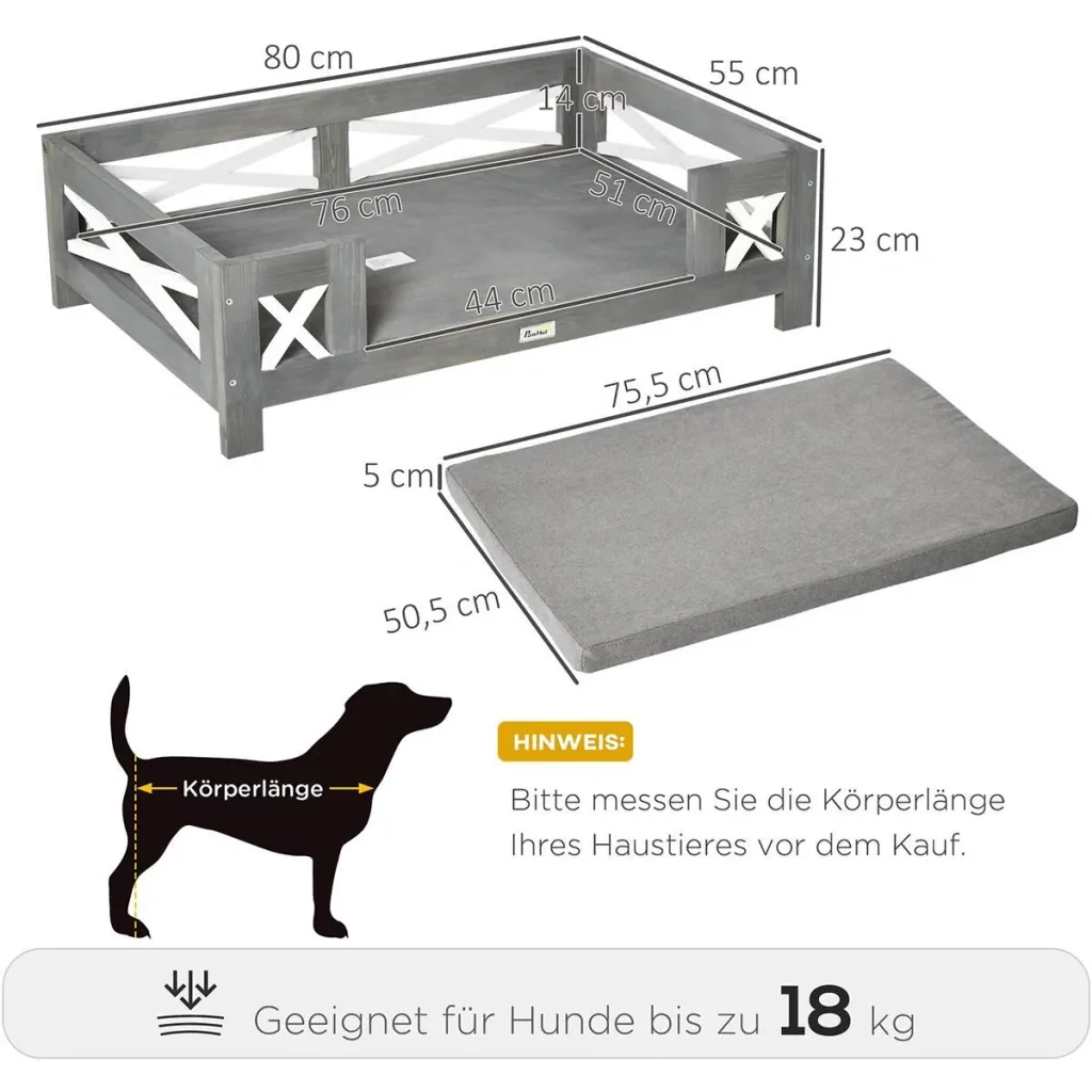 Hundebett mit Kissen für kleine Hunde weich gepolstert waschbarer Bezug Kiefernholz 80 x 55 x 23 cm
