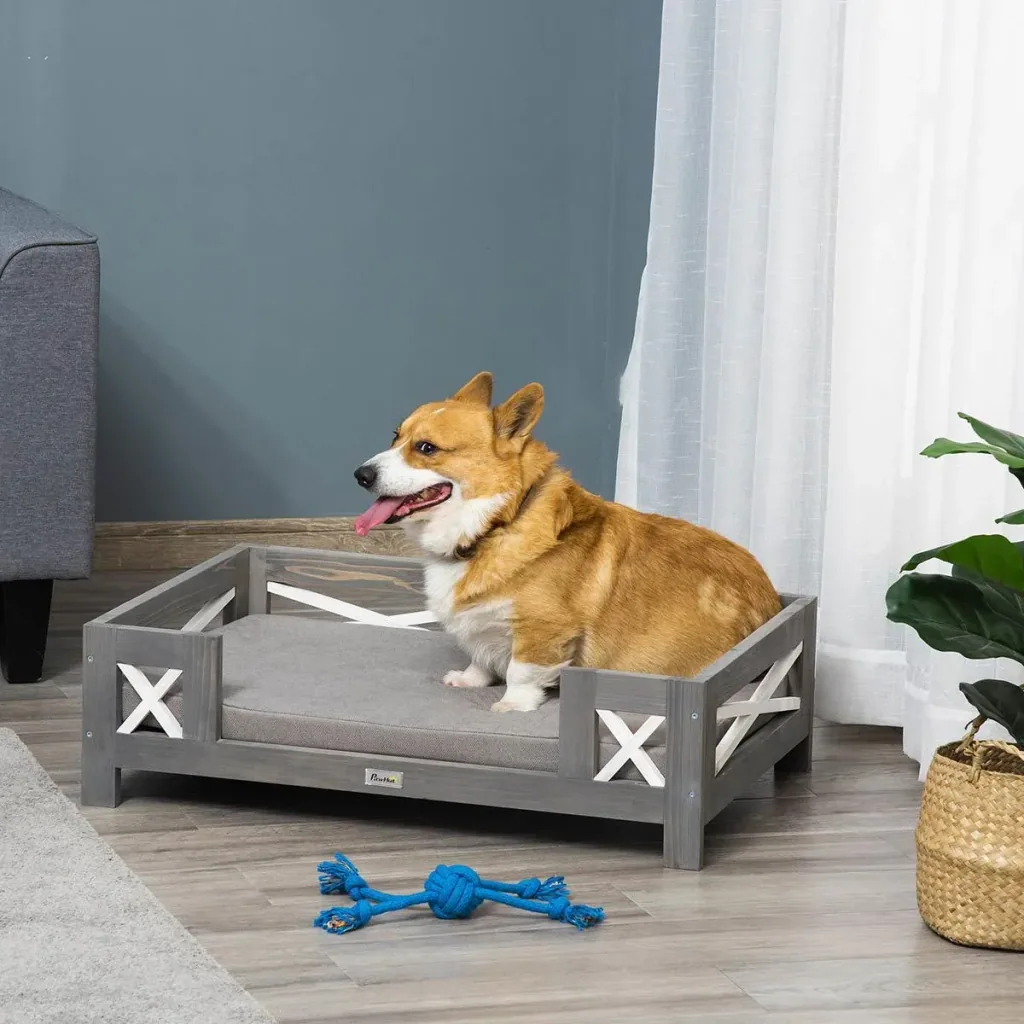 Hundebett mit Kissen für kleine Hunde weich gepolstert waschbarer Bezug Kiefernholz 80 x 55 x 23 cm