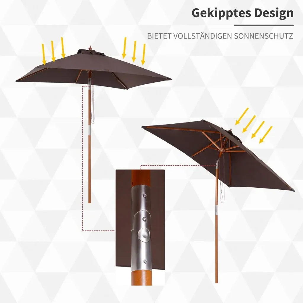 Sonnenschirm Knickbarer Gartenschirm Strandschirm 3-stufig einstellbar Tannenholz+Polyester Kaffee 200 x 150 x 230 cm