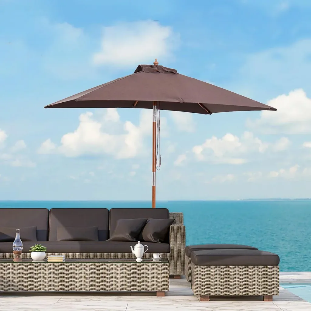 Sonnenschirm Knickbarer Gartenschirm Strandschirm 3-stufig einstellbar Tannenholz+Polyester Kaffee 200 x 150 x 230 cm