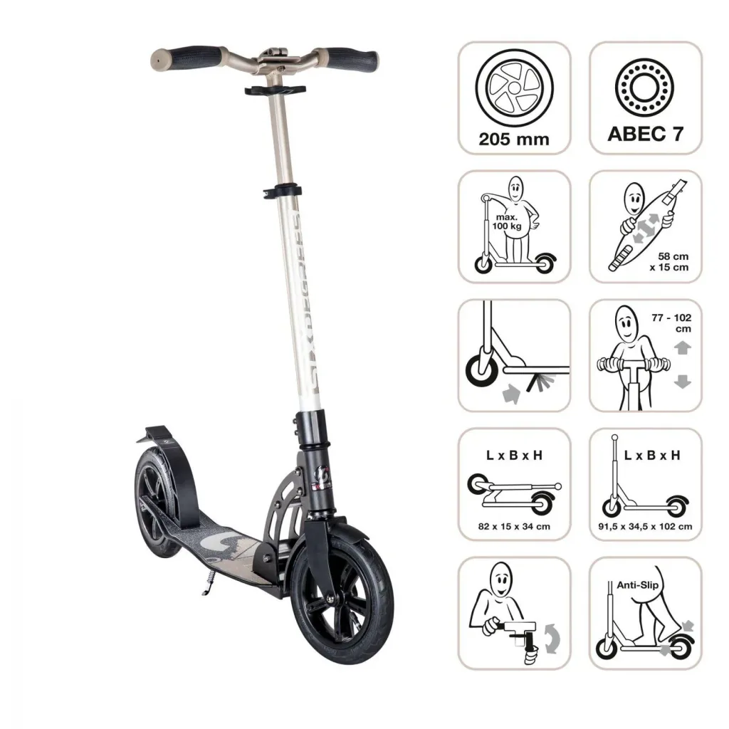 Aluminium Scooter mit Luftbereifung, Klappmechanismus, 205 mm, ABEC 7, höhenverstellbar, gold