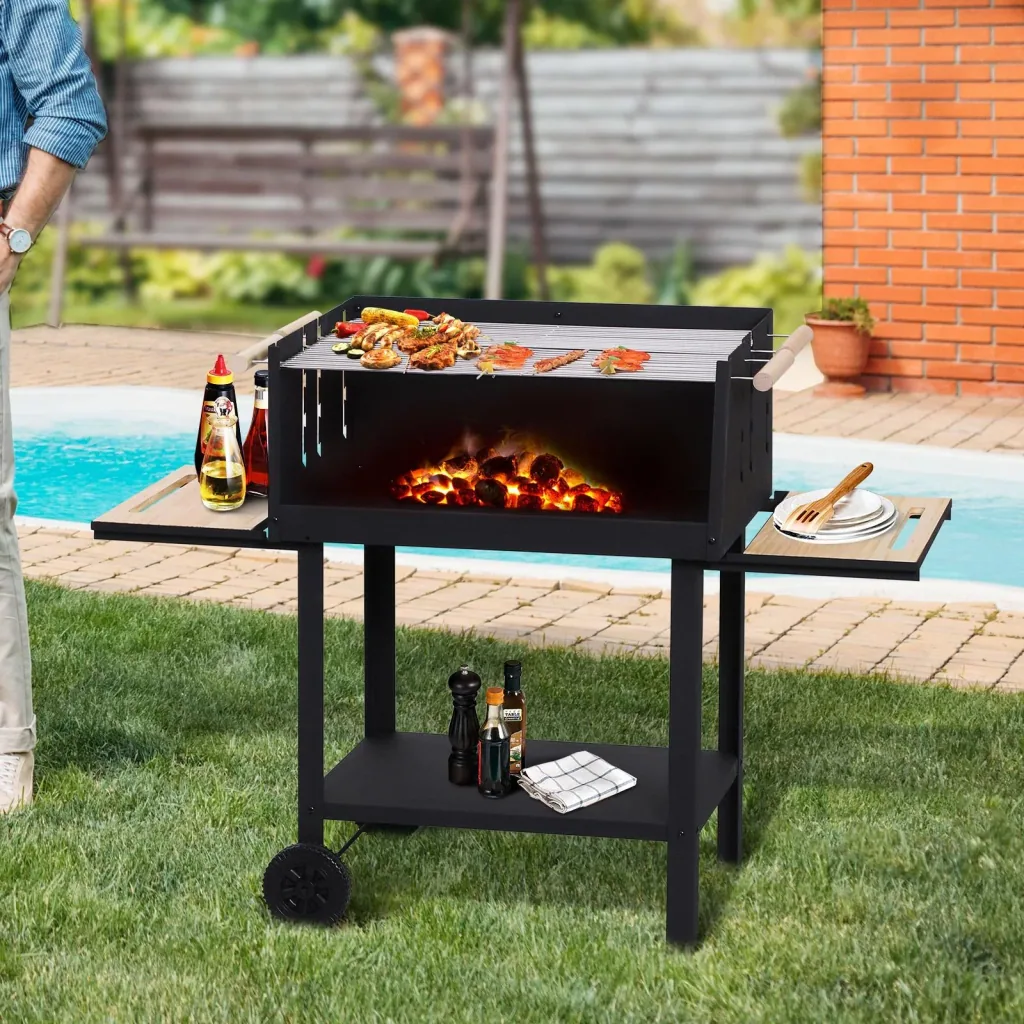 Kohlegrill Grillwagen Standgrill mit Windschutz 2 x Rost höhenverstellbar Metall Schwarz