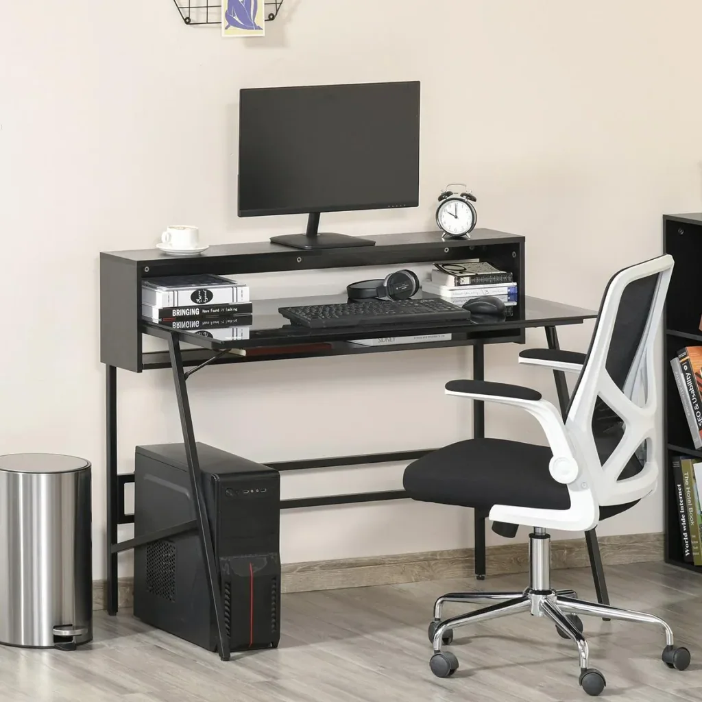 Computertisch Schreibtisch mit zwei Ablagen moderner Gamingtisch mit gehärtetem Glasplatte Home-Office verstellbare Fußm