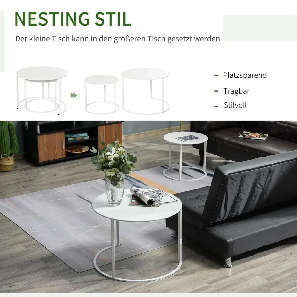 Beistelltisch, 2er Set, Garten Couchtisch, Kaffeetisch mit erhöhten Kanten, Wohnzimmer, Metall Weiß, Ø70 x 50 cm