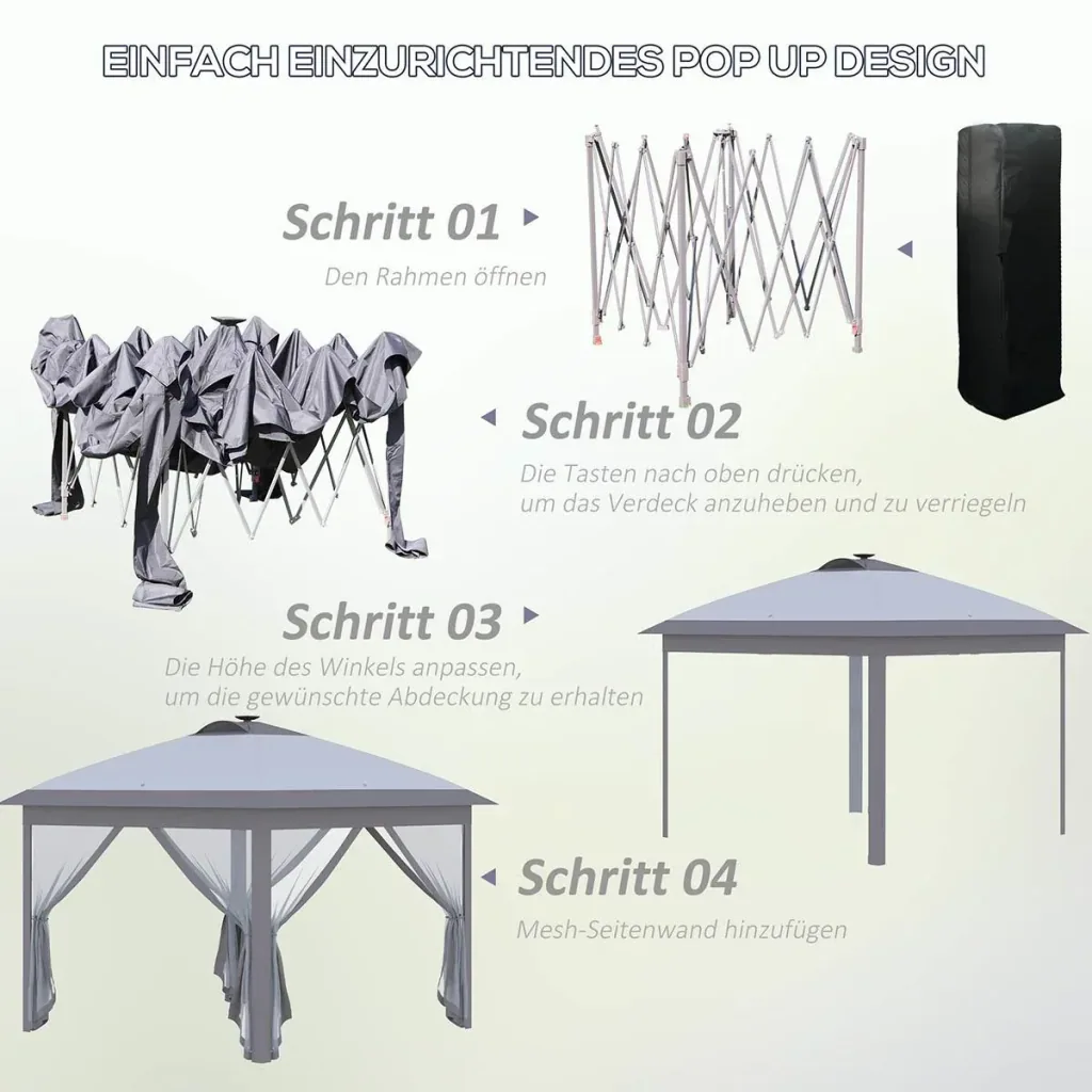 Pavillon Faltpavillon mit LED Solar Lichterkette USB-Ladeanschluss Pop-Up-Pavillon 3,3 x 3,3 m Gartenpavillon inkl. Tasc