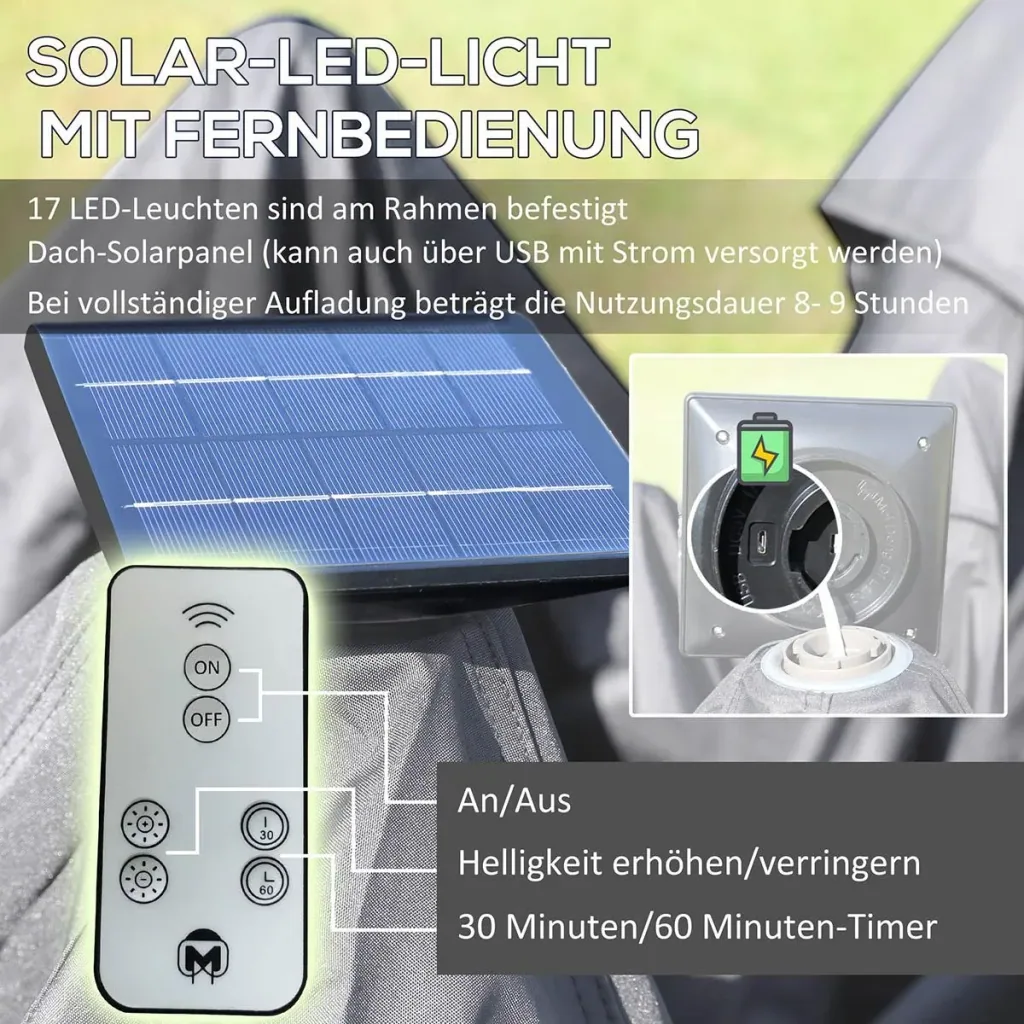 Pavillon Faltpavillon mit LED Solar Lichterkette USB-Ladeanschluss Pop-Up-Pavillon 3,3 x 3,3 m Gartenpavillon inkl. Tasc