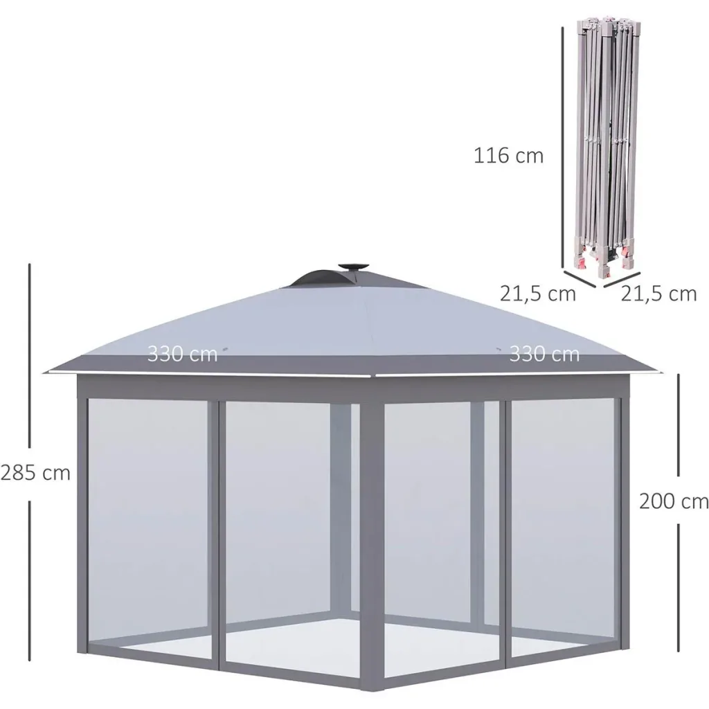 Pavillon Faltpavillon mit LED Solar Lichterkette USB-Ladeanschluss Pop-Up-Pavillon 3,3 x 3,3 m Gartenpavillon inkl. Tasc
