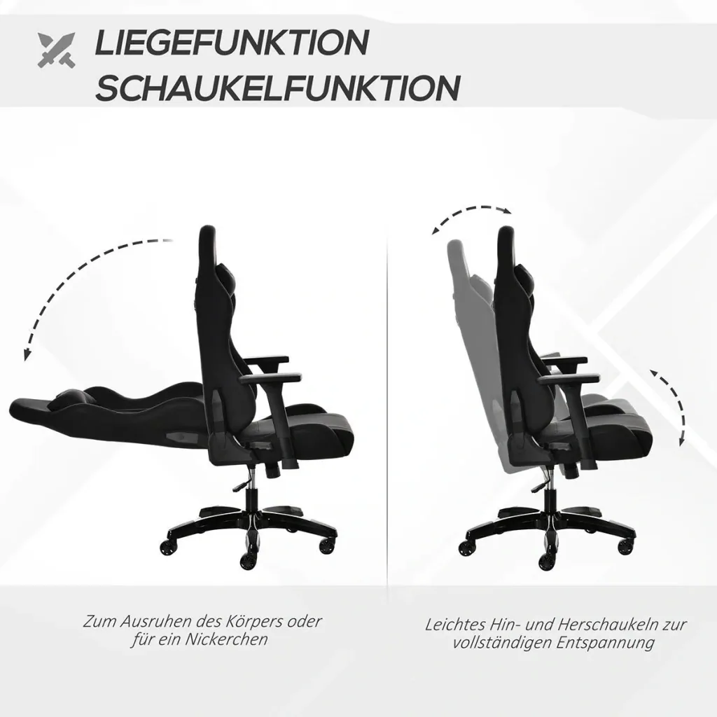 Gaming Stuhl mit Wipp- & Liegefunktion Bürostuhl ergonomischer Drehstuhl mit Kopfstütze Lendenkissen höhenverstellbar 90