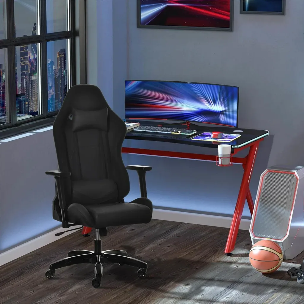Gaming Stuhl mit Wipp- & Liegefunktion Bürostuhl ergonomischer Drehstuhl mit Kopfstütze Lendenkissen höhenverstellbar 90