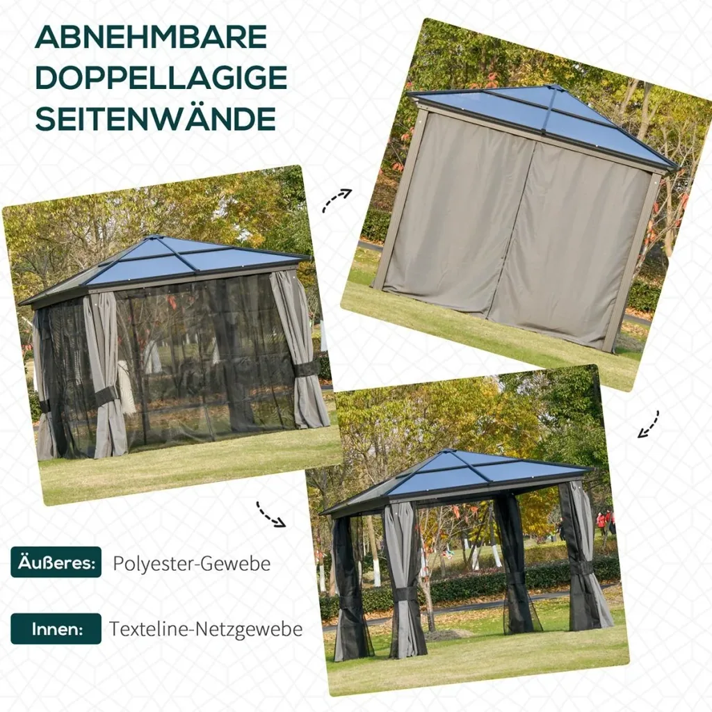 Luxus Pavillon Gartenpavillon Alu Partyzelt Gartenzelt mit lichtdurchlässigem PC Dach Dunkelgrau+Schwarz 300 x 300 x 265