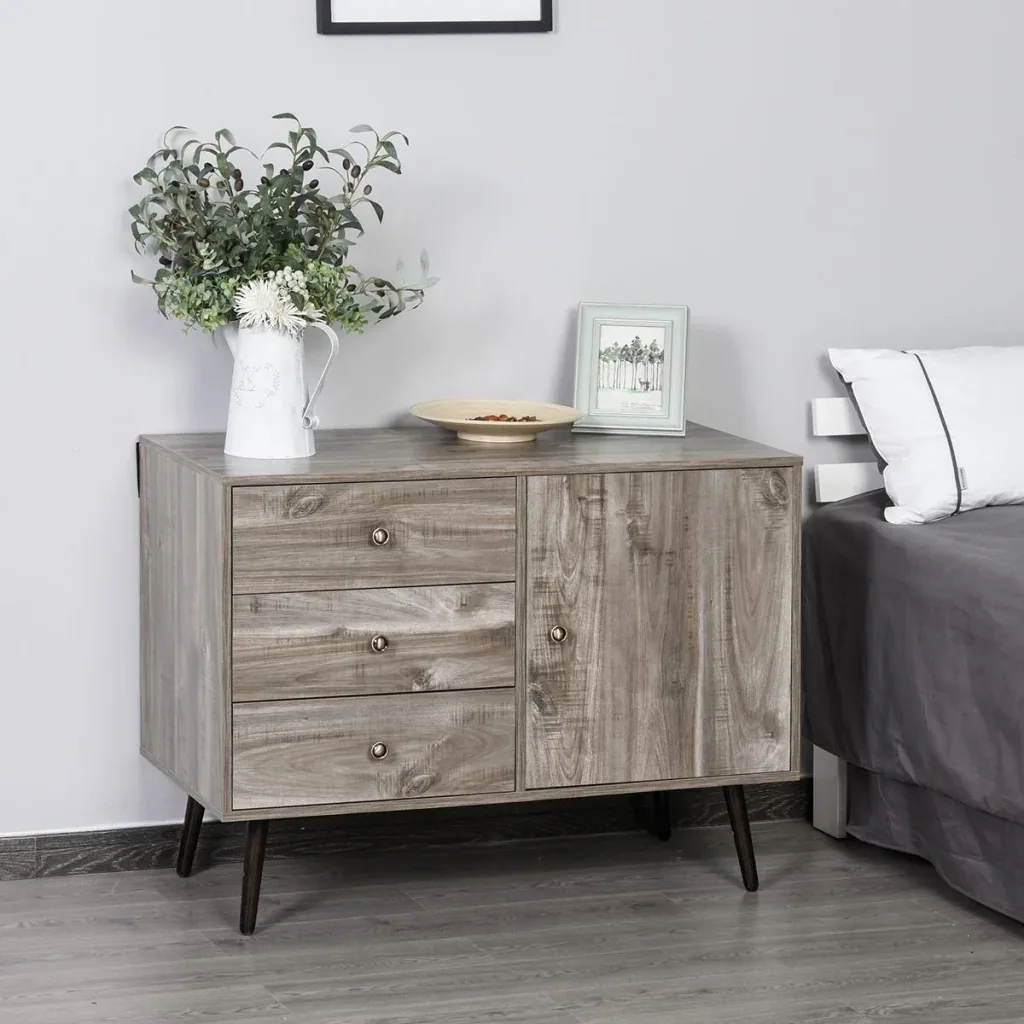Sideboard Kommode Beistellschrank Bücherschrank Standschrank mit Tür und 3 Schubladen, Kiefer, Graue Holzmaserung, 102 x