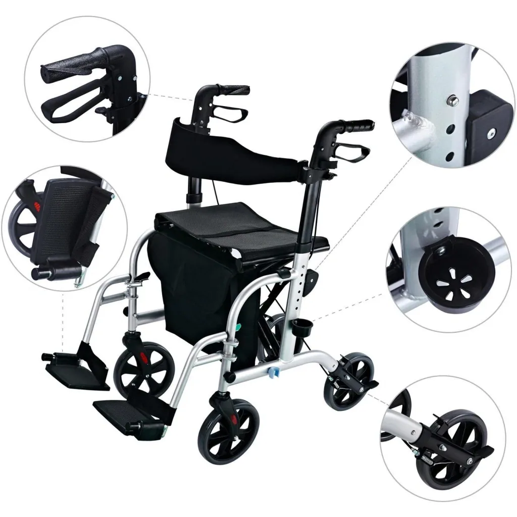 Rollator 2 in 1 Transportstuhl Gehhilfe höhenverstellbar Alu