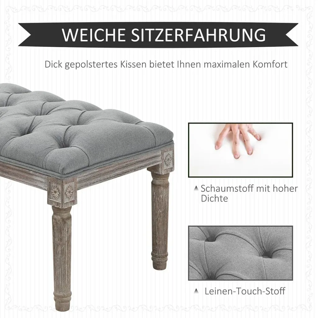 Polsterbank Sitzbank Vintage Bettbank mit Knöpfen Gummiholz Leinen Grau 81 x 41 x 41 cm