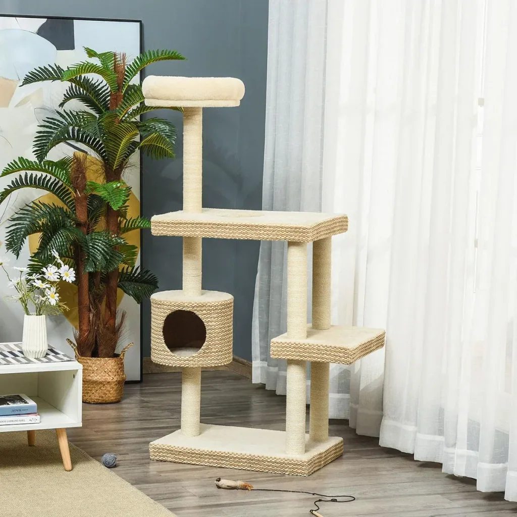 Katzenkratzbaum Katzenspielzeug Kletterbaum Sisal Polster Liegefläche Sisal samtartiges Polyester Beige+Kaffee