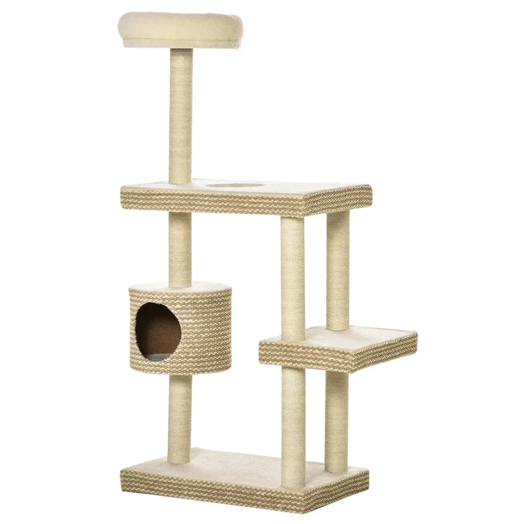 Katzenkratzbaum Katzenspielzeug Kletterbaum Sisal Polster Liegefläche Sisal samtartiges Polyester Beige+Kaffee