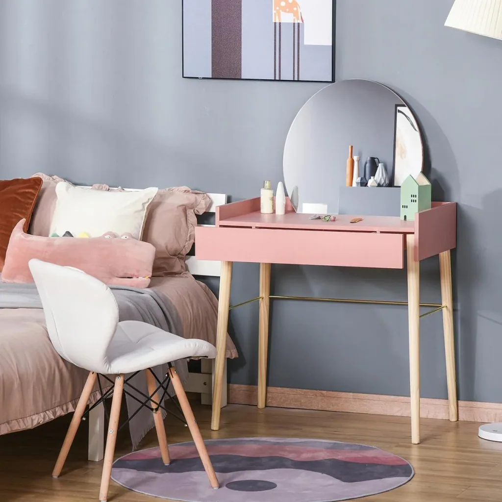 Schminktisch für Schlafzimmer Frisiertisch Kosmetiktisch mit Spiegel Schublade leichter Luxusstil MDF Kiefernholz Rosa 7