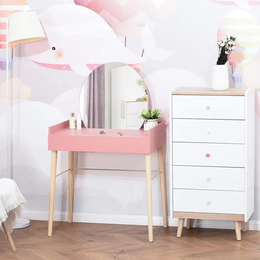 Schminktisch für Schlafzimmer Frisiertisch Kosmetiktisch mit Spiegel Schublade leichter Luxusstil MDF Kiefernholz Rosa 7