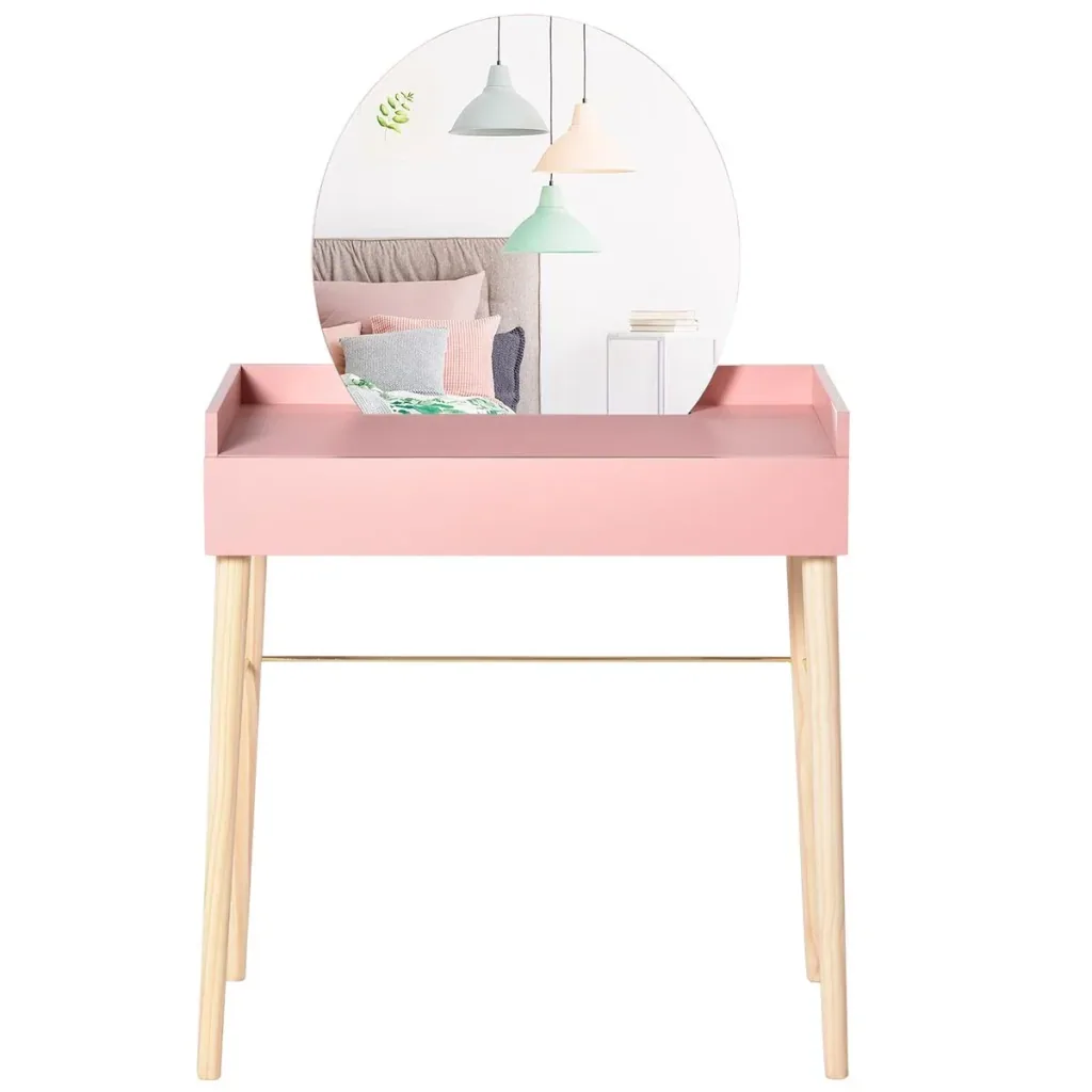 Schminktisch für Schlafzimmer Frisiertisch Kosmetiktisch mit Spiegel Schublade leichter Luxusstil MDF Kiefernholz Rosa 7