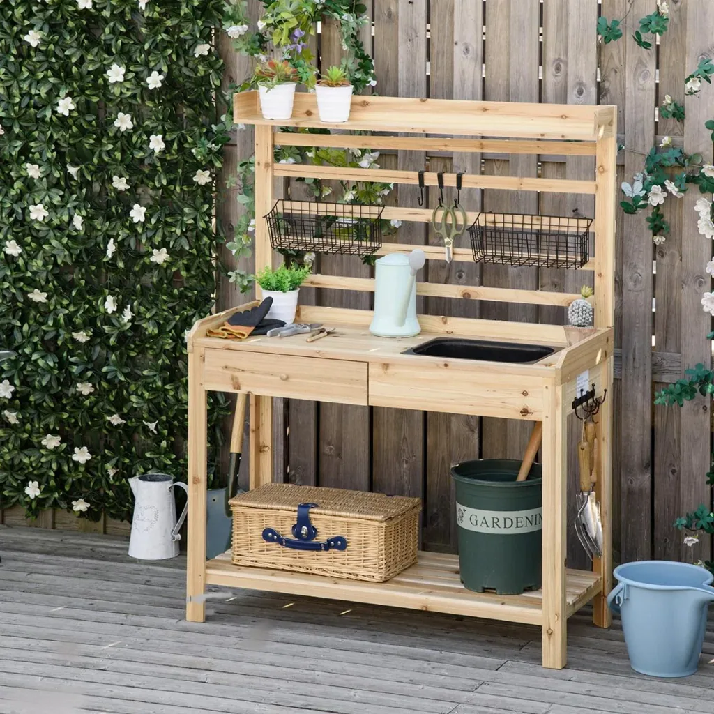 Pflanztisch Gärtnertisch mit waschbecken Blumentisch aus Holz mit Schublade Haken Korb Ablage Garten Terrasse Natur 107,