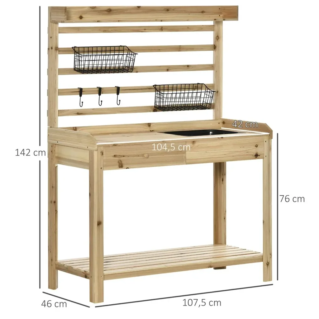 Pflanztisch Gärtnertisch mit waschbecken Blumentisch aus Holz mit Schublade Haken Korb Ablage Garten Terrasse Natur 107,